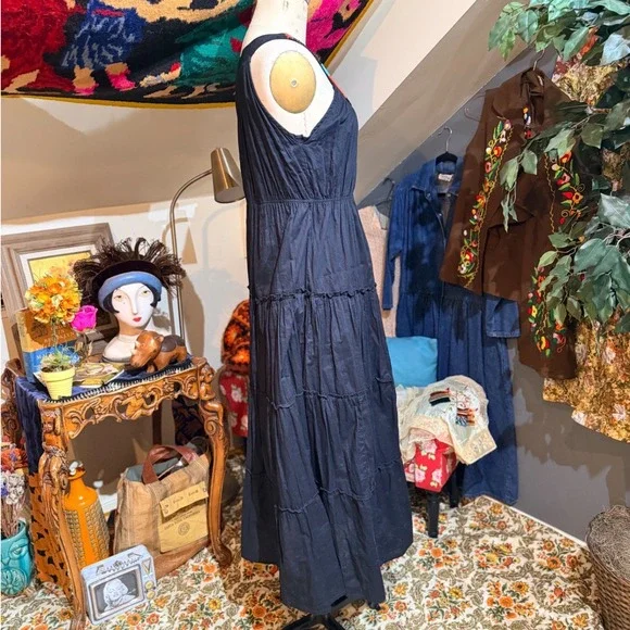 Chaudry Black Cotton Beaded Neckline Tiered Maxi Dress Boho - L - Picture 4 of 9